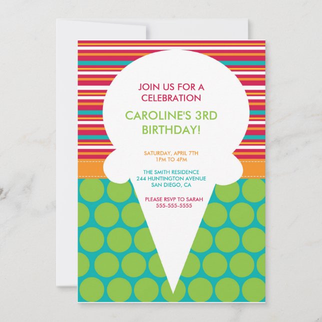 Birthday Party Invitation Colourful Ice Cream Cone (Front)