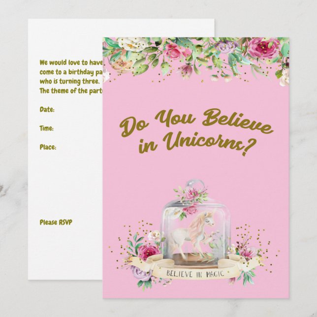 Birthday Party Invitation for 3 yr. Old Girl (Front/Back)