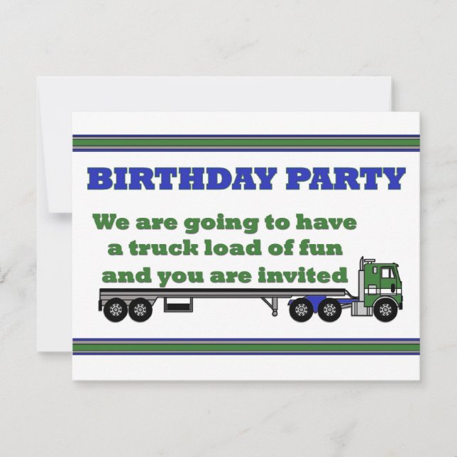 Birthday party invitation green cabover big rig (Front)