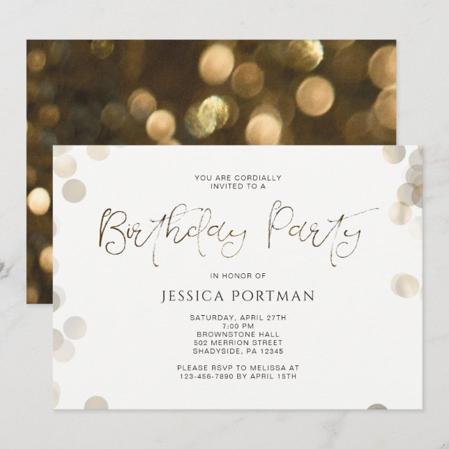 Birthday Party Invitation Modern Gold Look Bokeh (Front/Back)