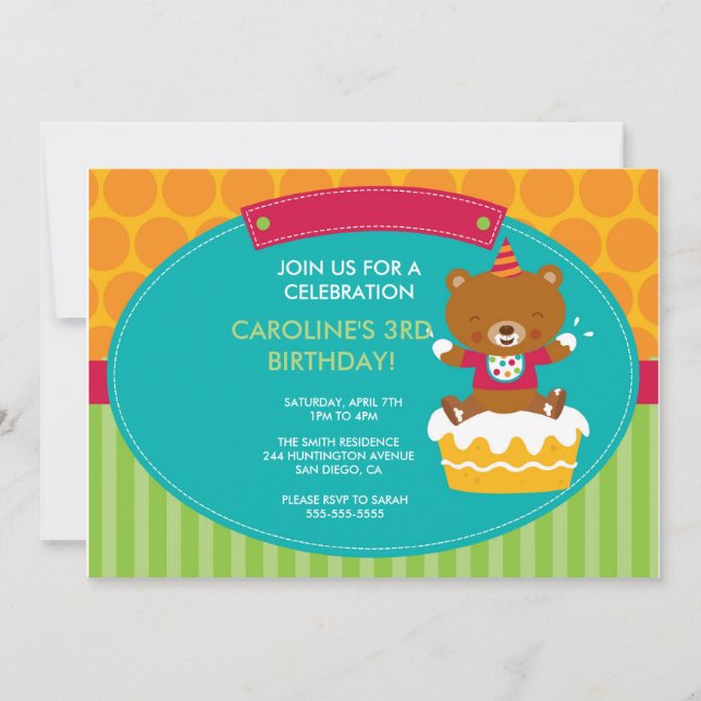 Birthday Party Invitation Teddy Bear and Cake (Front)