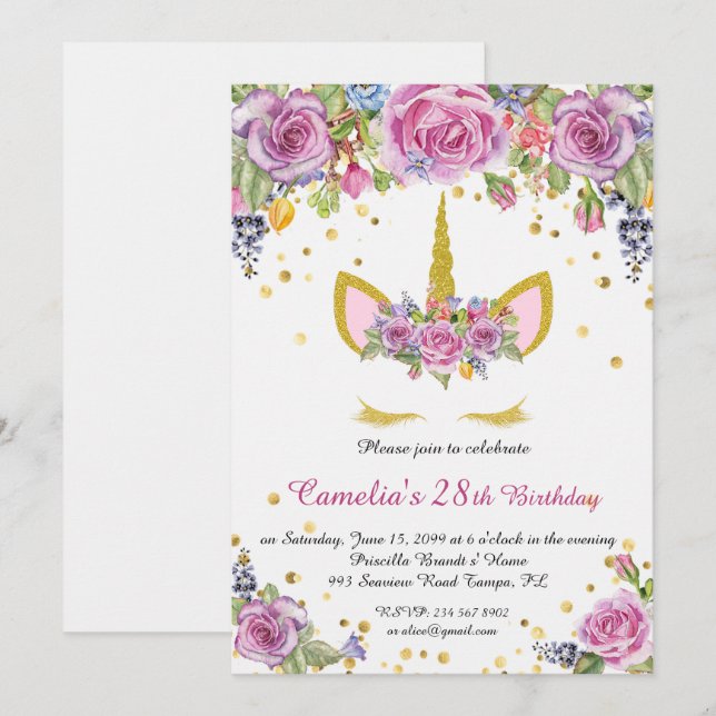 Birthday party invitation, unicorn,white,flowers invitation (Front/Back)