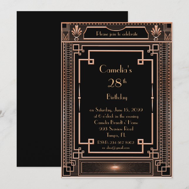 Birthday party invitation woman,great Gatsby,black (Front/Back)