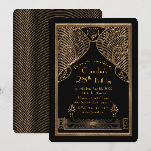 Birthday party invitation woman,great Gatsby,black (Front/Back)