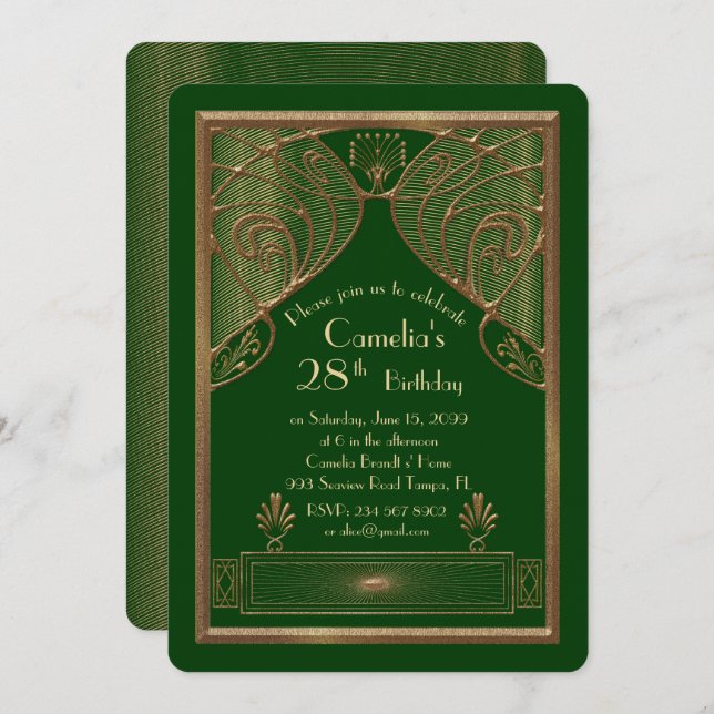 Birthday party invitation woman,great Gatsby,green (Front/Back)