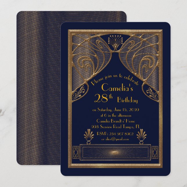 Birthday party invitation woman,great Gatsby, navy (Front/Back)