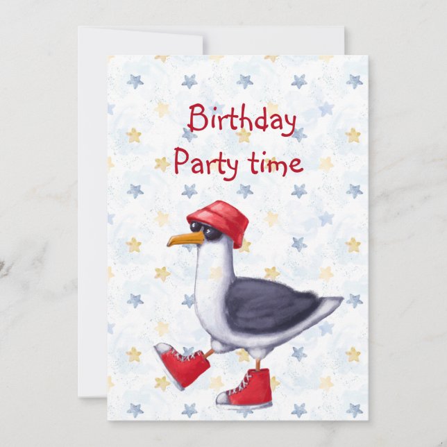 Birthday Party Invite Fun Cute Seagull Bird  (Front)