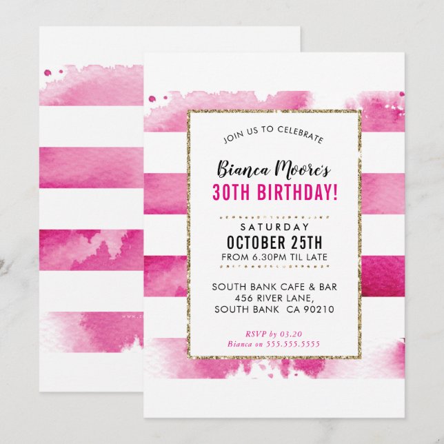 BIRTHDAY PARTY INVITE gold pink watercolor stripe (Front/Back)