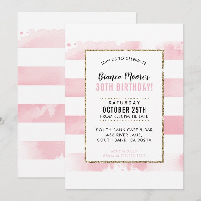 BIRTHDAY PARTY INVITE gold pink watercolor stripe (Front/Back)