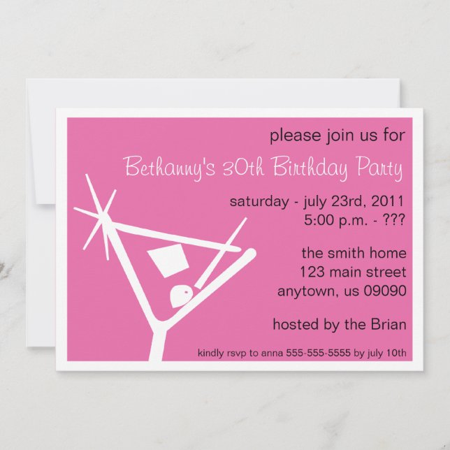 Birthday Party Invite Martini Glass (Dark Pink) (Front)