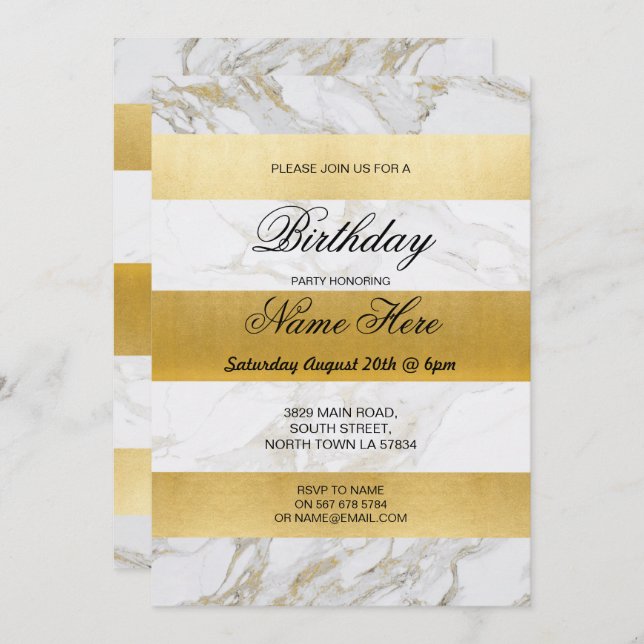 Birthday Party Invite Stripe White Marble Gold 20s (Front/Back)