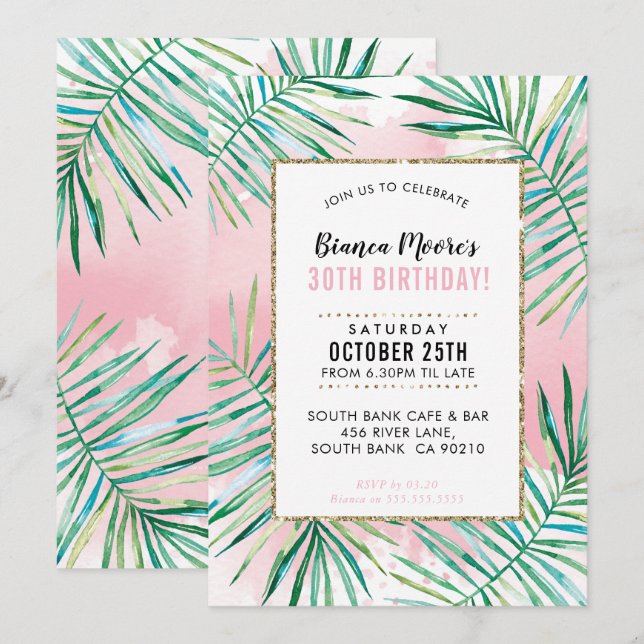 BIRTHDAY PARTY INVITE tropical palm leaves luau (Front/Back)