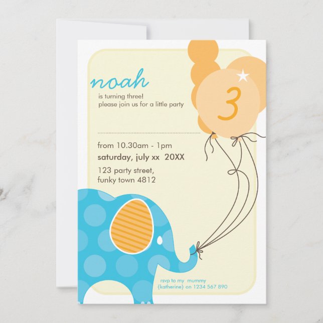 BIRTHDAY PARTY INVITES :: elephant + balloons 1P (Front)