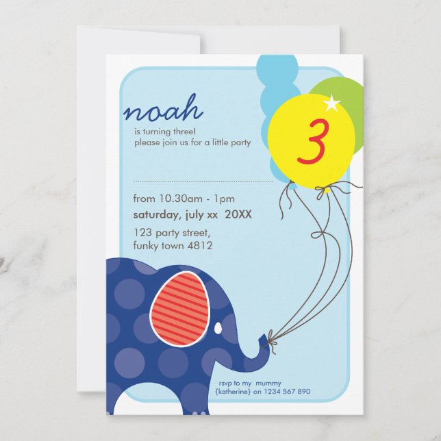 BIRTHDAY PARTY INVITES :: elephant + balloons 3P (Front)