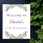 Birthday party lavender eucalyptus welcome poster<br><div class="desc">A chic white background. Decorated with lavender florals,  flowers and eucalyptus greenery.  Personalize and add name and age/event.</div>