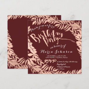 Birthday Party Leafs Wreath Burgundy Rose Gold Invitation