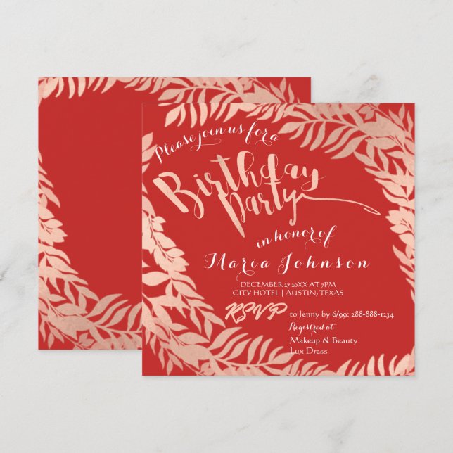 Birthday Party  Leafs Wreath Red Pink Rose Gold Invitation (Front/Back)