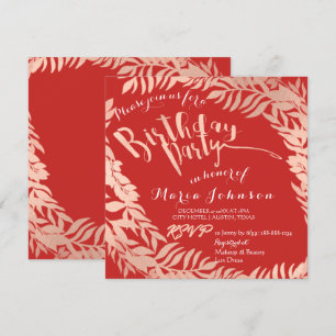 Birthday Party Leafs Wreath Red Pink Rose Gold Invitation