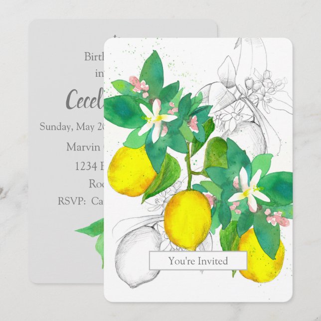 Birthday Party Lemons Citrus Watercolor Fruit Invitation (Front/Back)