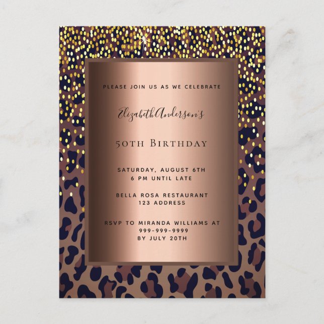 Birthday party leopard pattern bronze invitation postcard (Front)