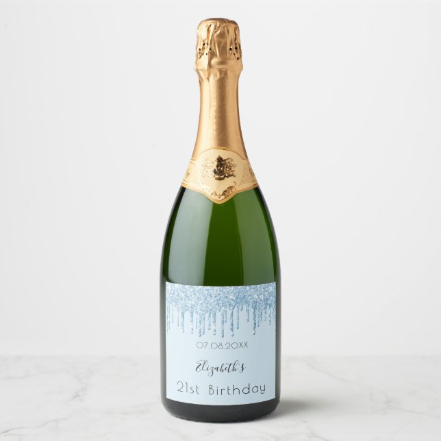 Birthday party light blue glitter drips name sparkling wine label (Front)