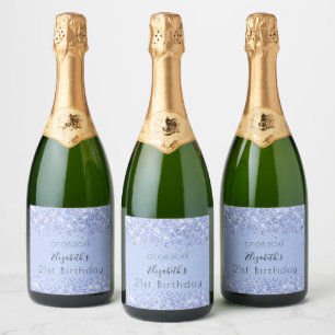 Birthday party light blue glitter name sparkling wine label