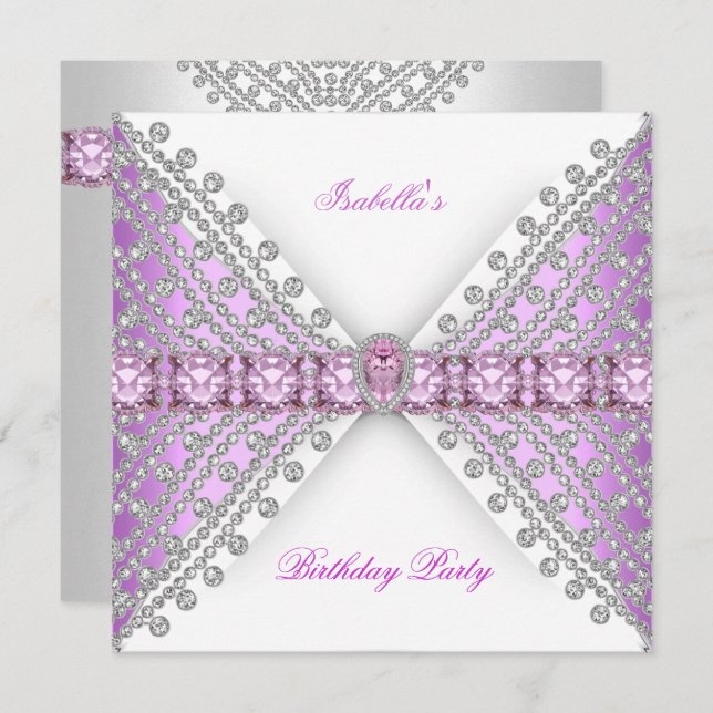Birthday Party Lilac Pink Silver White Diamond Bow Invitation (Front/Back)