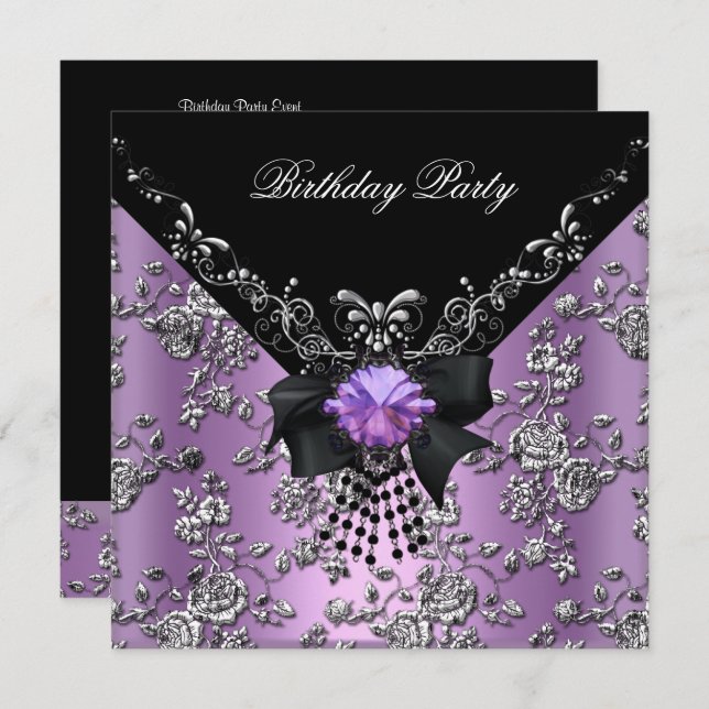 Birthday Party Lilac Purple Black Silver Damask Invitation (Front/Back)