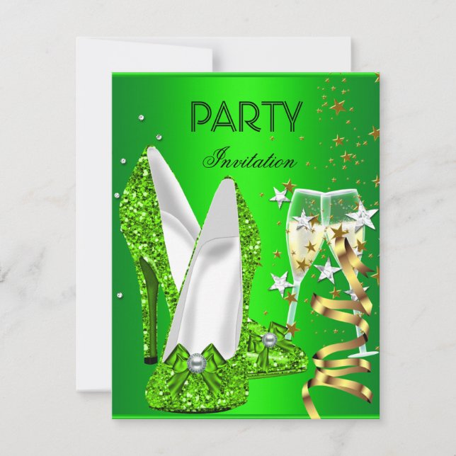 Birthday Party Lime Green Gold Shoes Invitation (Front)