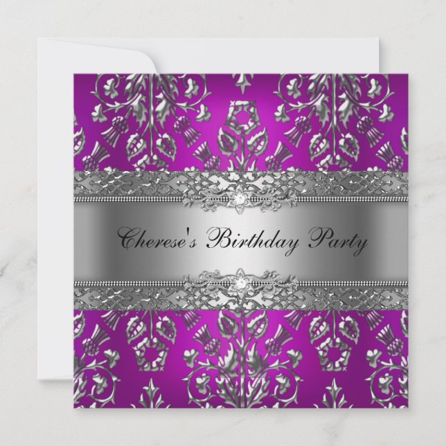 Birthday Party Magenta Silver Damask Invitation (Front)
