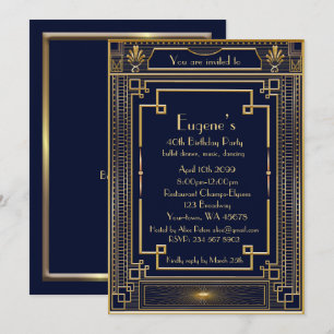 Birthday Party man, gold Gatsby style, navy Invitation