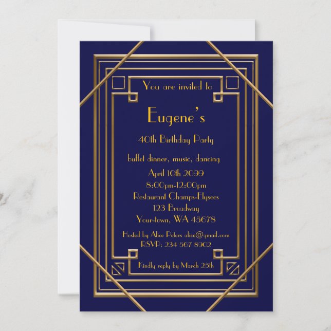 Birthday Party man, gold Gatsby style, navy Invitation (Front)