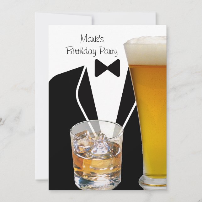 Birthday Party Mans Mens Beer Scotch Tuxedo Invitation (Front)