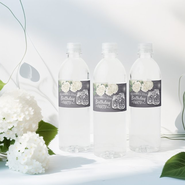 Birthday Party Mason Jars String Lights Flowers Water Bottle Label (Creator Uploaded)