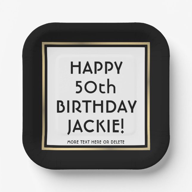Birthday Party Modern Black, White & Gold Square Paper Plate (Front)