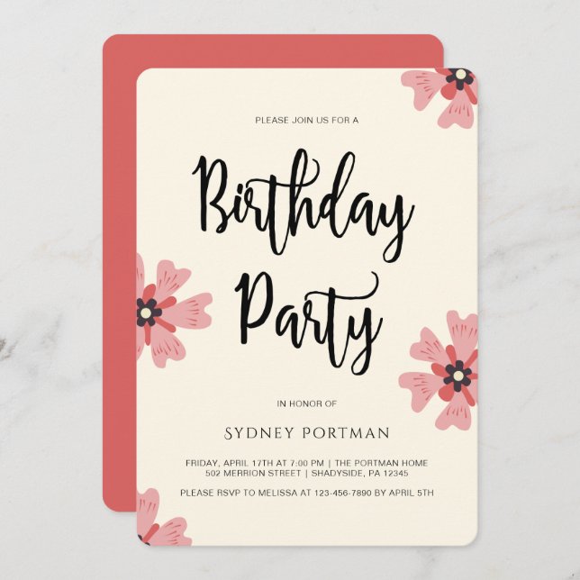 Birthday Party Modern Pretty Floral Invitation (Front/Back)