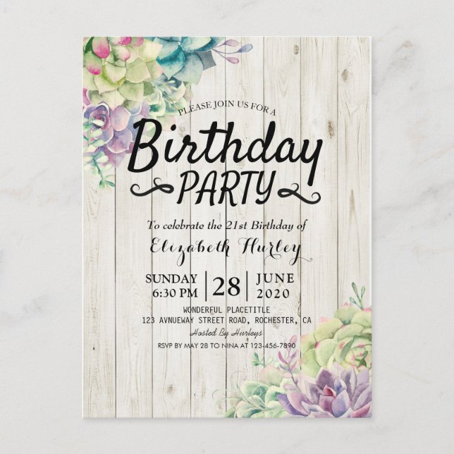 Birthday Party Modern Succulent Plants Rustic Wood Invitation Postcard (Front)