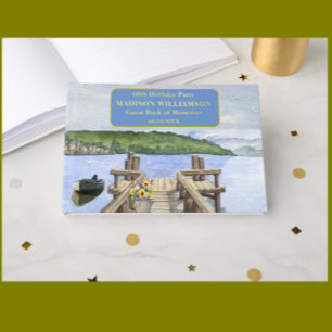 Birthday Party Mountain Lake Dock Real Gold Foil  Guest Book