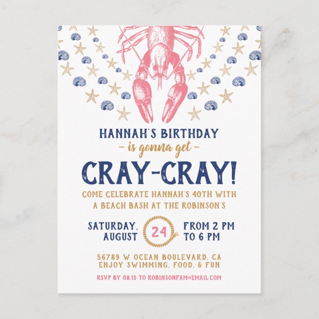 Birthday Party Nautical Beach Crayfish Coral Navy Invitation Postcard (Front)