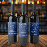 Birthday party navy blue confetti name  wine label<br><div class="desc">A wine label for a 50th (or any age) birthday party.  A navy blue background with blue confetti. Personalize and add a date,  name and age 50. The name is written with an elegant hand lettered style script.</div>