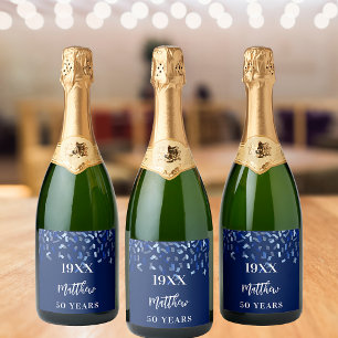 Birthday party navy blue confetti name years sparkling wine label