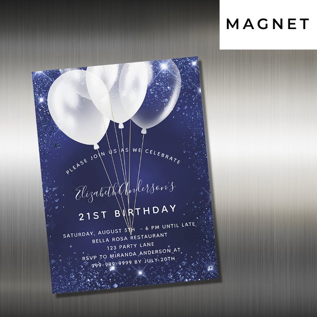 Birthday party navy blue glitter balloons luxury magnetic invitation (Creator Uploaded)