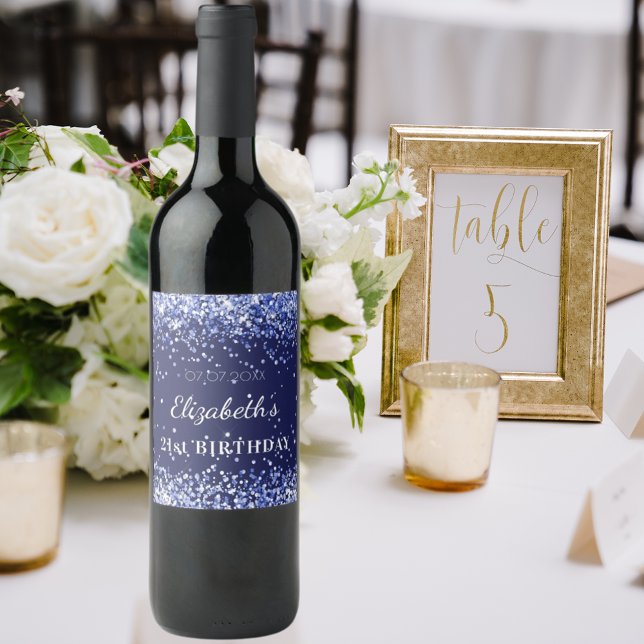 Birthday party navy blue glitter name  wine label (Creator Uploaded)