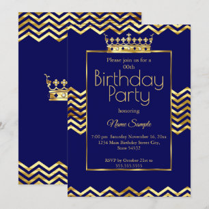 Birthday Party Navy Blue Gold Crown Chevron Invitation