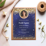 Birthday party navy blue gold diamond photo invitation<br><div class="desc">For an elegant 40th (or any age) birthday party. A navy blue,  uneven coloured background. Decorated with faux gold confetti. Personalize and add a name and party details. Add your photo into the faux golden diamond frame. The name is written with a hand lettered style script</div>