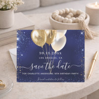 Birthday party navy blue gold save the date card