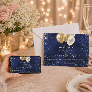 Birthday party navy blue gold save the date card