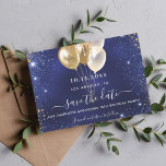 Birthday party navy blue gold save the date card<br><div class="desc">A trendy Save the Date for a 18th (or any age) birthday party. A navy blue uneven coloured background. Decorated with blue and faux gold glitter and golden balloons. The text: Save the Date is written with a large trendy hand lettered style script.</div>