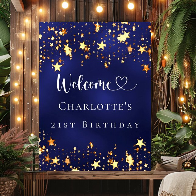 Birthday party navy blue gold stars welcome poster (Creator Uploaded)