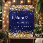 Birthday party navy blue gold welcome poster<br><div class="desc">A welcome poster for a girly and glamourous 21st (or any age) birthday party.  A navy blue uneven coloured background decorated with faux gold confetti.   Personalize and add a name and age 21.  Welcome with a heart.</div>